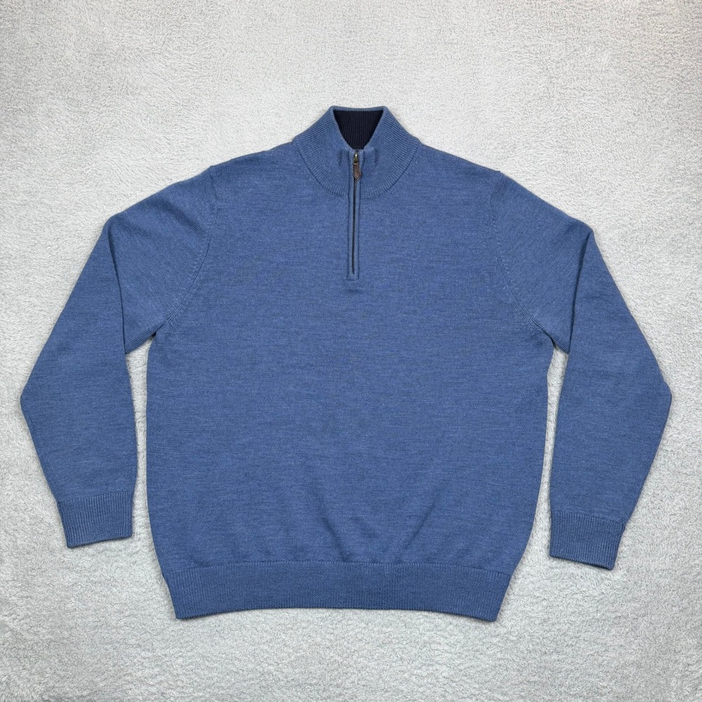Brooks Brothers 346 Mens Large Blue 100% Merino Wool Quarter Zip Sweater EUC